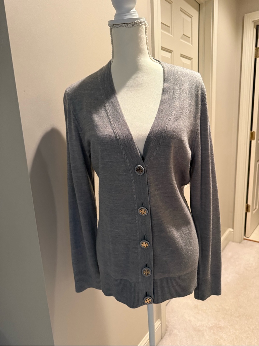 Tory Burch Light Gray V-Neck Button Cardigan